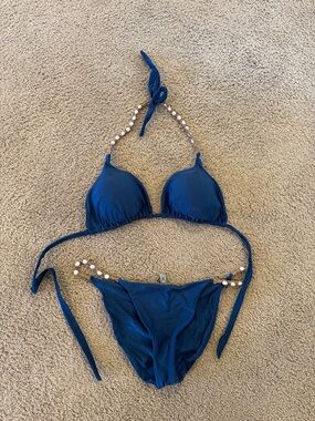 Navy Blue Beaded Halter Bikini Set